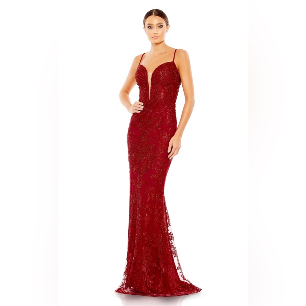 Mac Duggal Red Beaded Spaghetti-Strap Evening Gown